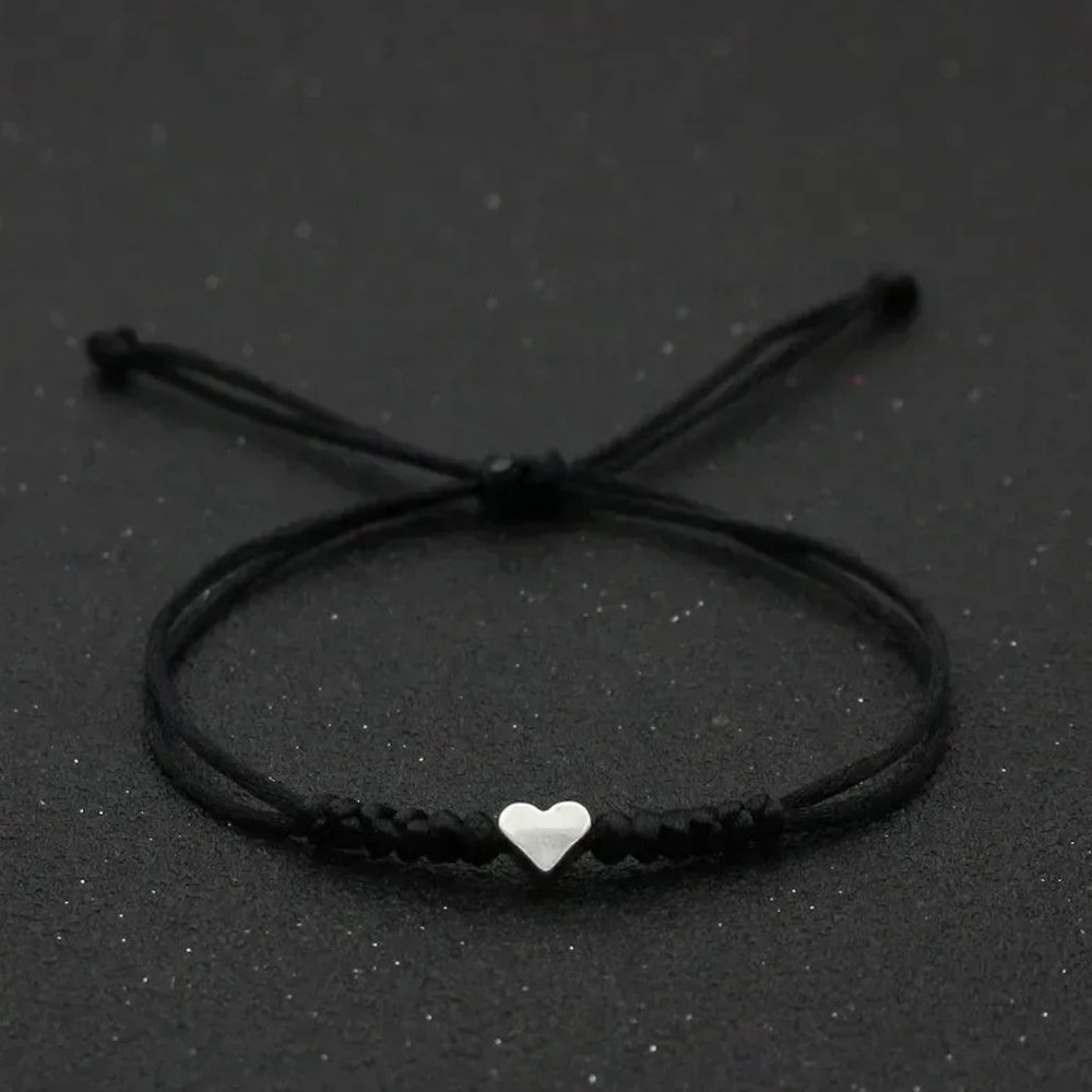 Minimalist Silver Heart Adjustable Slip Knot Black Rope Bracelet NEW - Picture 1 of 5
